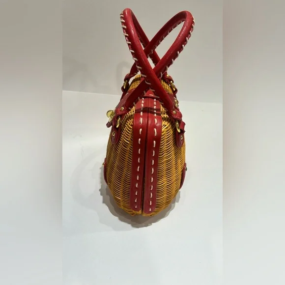 Red Leather Trimmed Woven Rattan Wicker Handbag Vintage chic elegant preppy bag - Picture 12 of 12